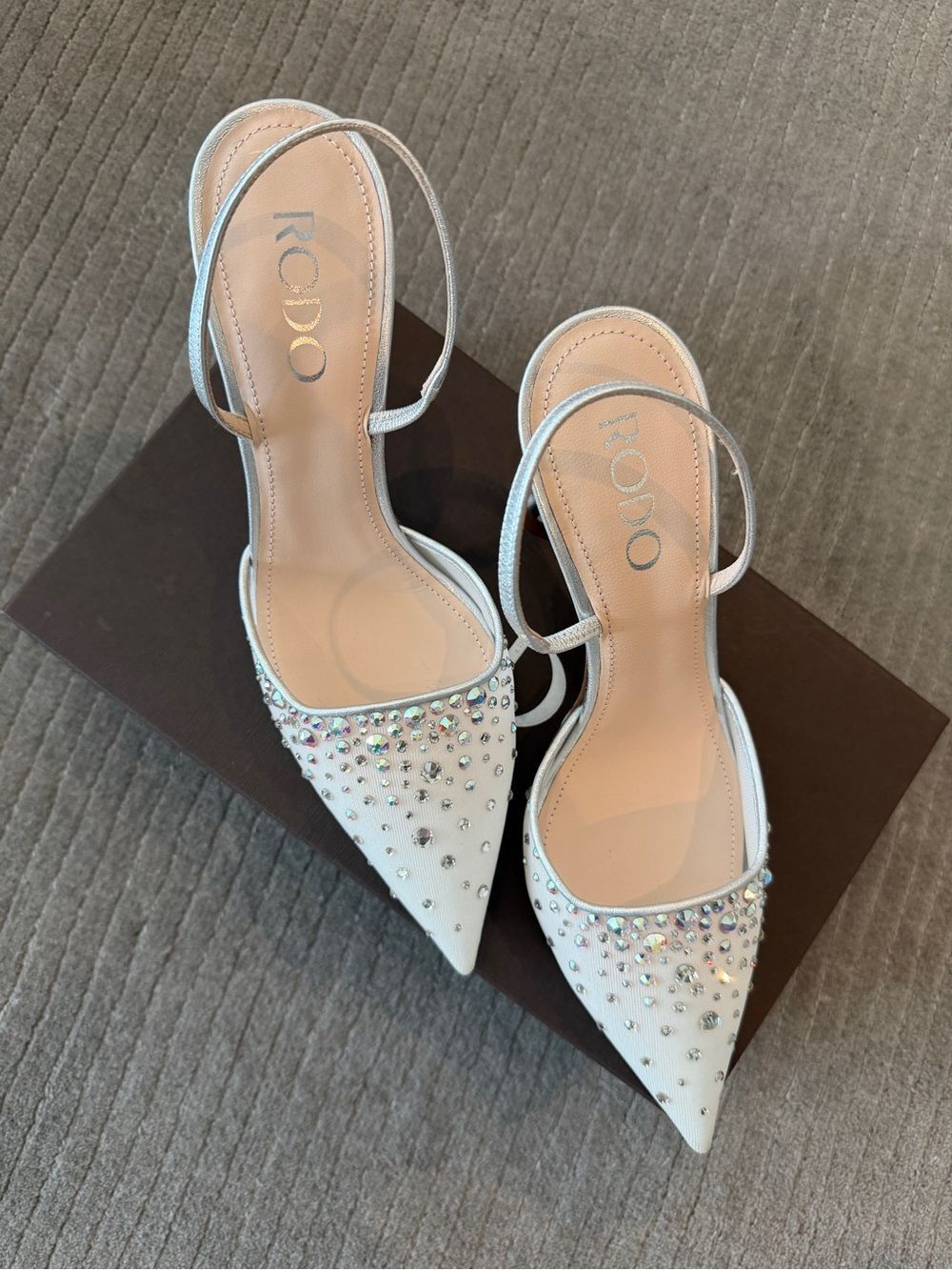 Rodo White Crystal-Studded Pointed Slingback Heels